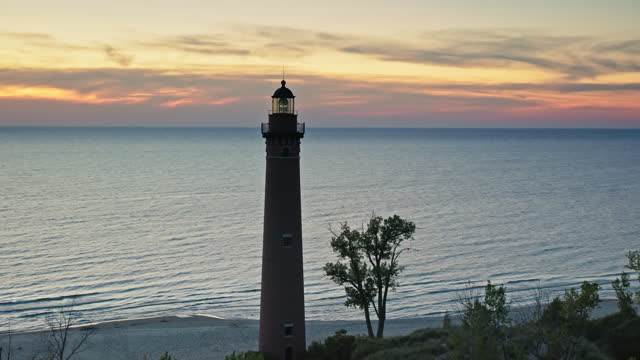 Drone Flight Towards Little Sable Point Light on Shore of Lake Michigan