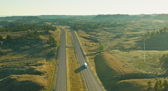 Tracking Aerial Shot of Truck on Interstate 94 in Montana