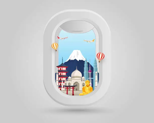 Vector illustration of window plane and famous landmark travel asia world on white background. travel tourism airplane. vector illustration design. trip in vacation.