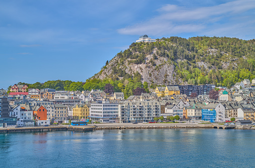 Norway, Aleund, panorama of the city with the Aksala hill on the backgrounc