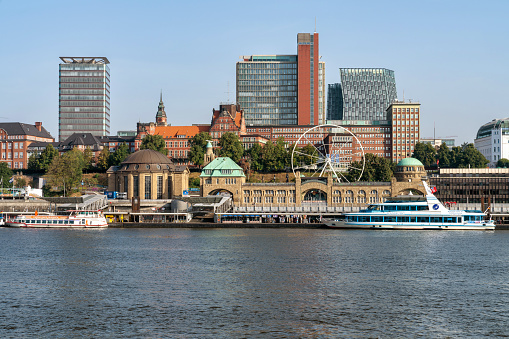 Sankt Pauli piers and waterfront in Hamburg, Germany in eary morning sunlight