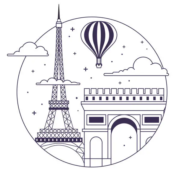 Vector illustration of Paris Travel Icon with Eiffel tower and Arch of Triumph