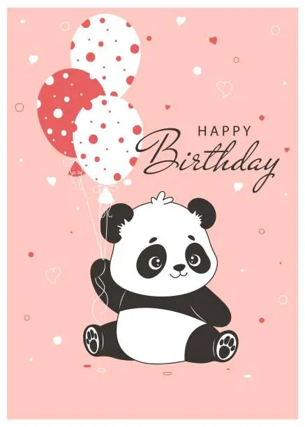 Vector illustration of Happy birthday greeting card. Vector illustration of cute panda bear with air balloons. Cartoon character, hand drawn design. Template for greeting card or poster.
