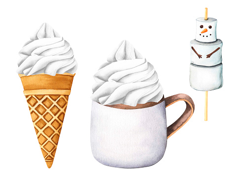Sweet dessert ice creams, gelato, ice-cream cone and popsicle. Hot drink cup with whipped cream. Christmas marshmallow snowman, snow men. Watercolor illustration for Valentine's Day, xmas or birthday.