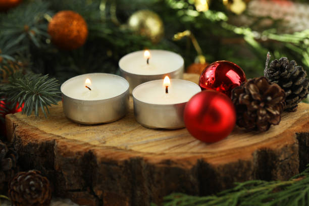 istock White knitted background with Christmas decorations and candles 1806227619