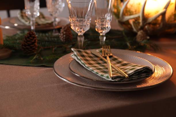 istock Christmas place setting with festive decor on table, closeup 1806232532