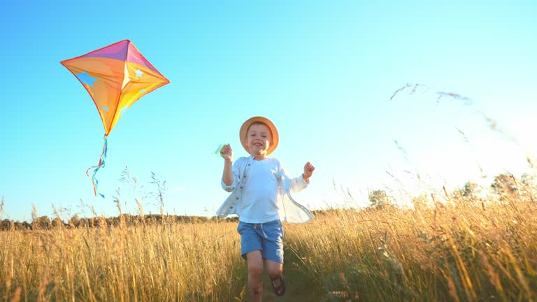 Fast little boy runs across the field with a kite in his hands fluttering in wind over his head. Front view on child walks in nature in summer and has fun play. Family trip out of town to fresh air.