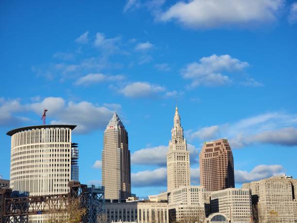 istock Cleveland Ohio skyline under blue sky 1806242312