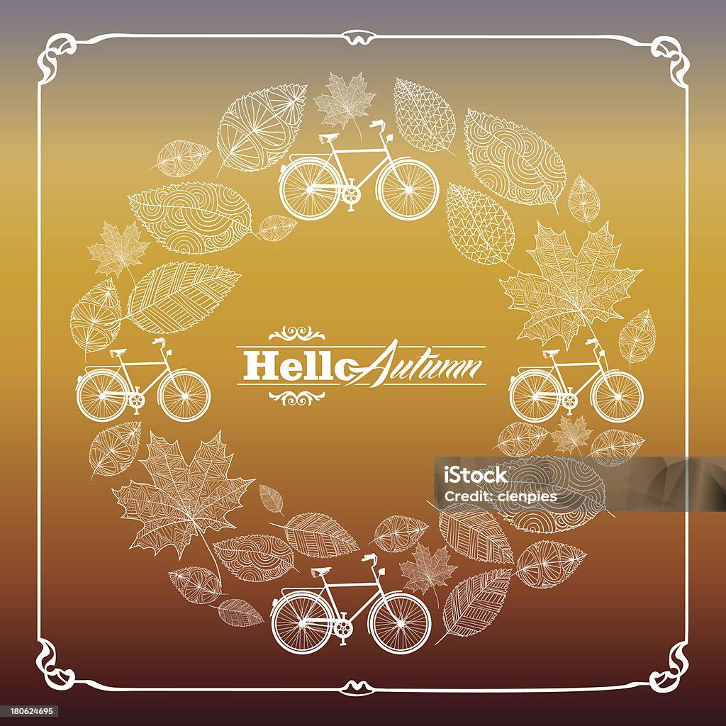 Винтажная рамка с листьями велосипеды текст и иллюстрации. - Векторная графика Hello - английское слово роялти-фри