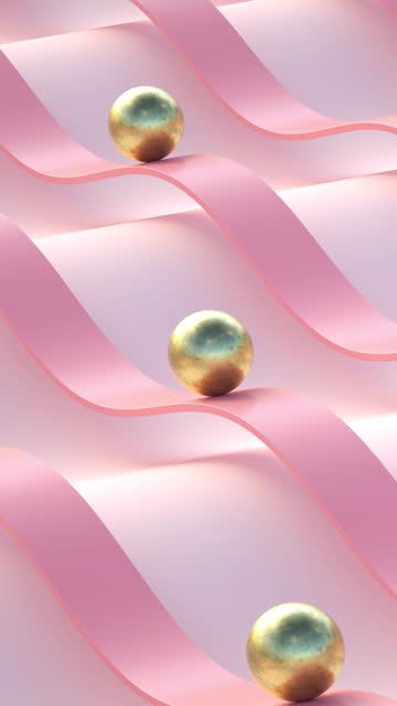 3D loop of golden balls rolling along wavy pink lines. Vertical background