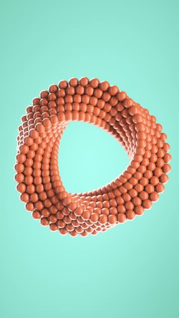 3D loop animation of spinning balls molded into uneven circle. Vertical background