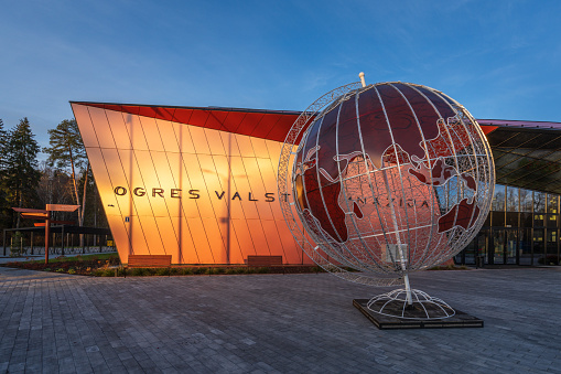 Ogre, Latvia - November 19, 2023: Ogre state gymnasium and sports arena, construction completed in 2023. One of the most modern school buildings in Latvia. The authors of the construction project are SIA Nams