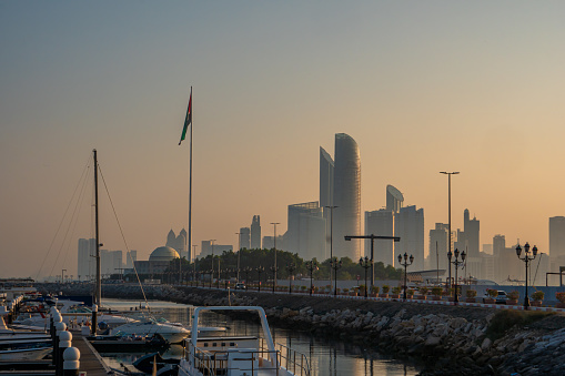 View from the jetty overlooking the corniche of Abu Dhabi and the majestic skyline.
