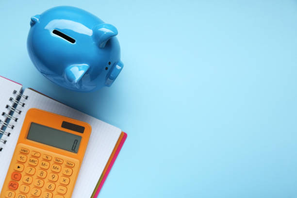 istock Piggy bank, notebook and calculator on light blue background, flat lay. Space for text 1806304763