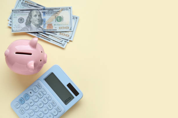 istock Piggy bank, banknotes and calculator on beige background, flat lay. Space for text 1806306258