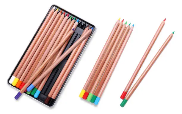 Photo of Colorful pastel pencils isolated on white, collection. Drawing supplies