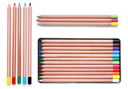 Colorful pastel pencils isolated on white, collection. Drawing supplies