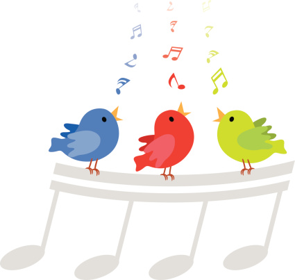 Vector illustration of three little birds singing happily with musical notes.