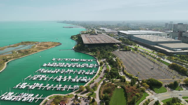 Drone wide view of a marina bay, lot boats in Chicago Harbor, Lake Michigan