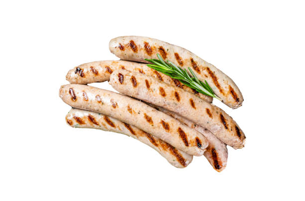 istock Sausages fried with spices and herbs, meat Bratwurst.  Isolated, white background. 1806345599