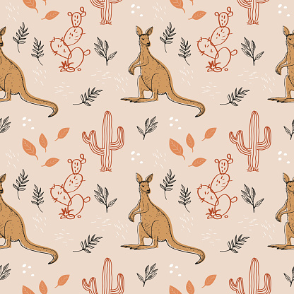 Kangaroo seamless pattern hand drawn background with animals, cactus, plants flat vector illustration. Boho backdrop for wrapping, design, print, paper, textile, card. Design element