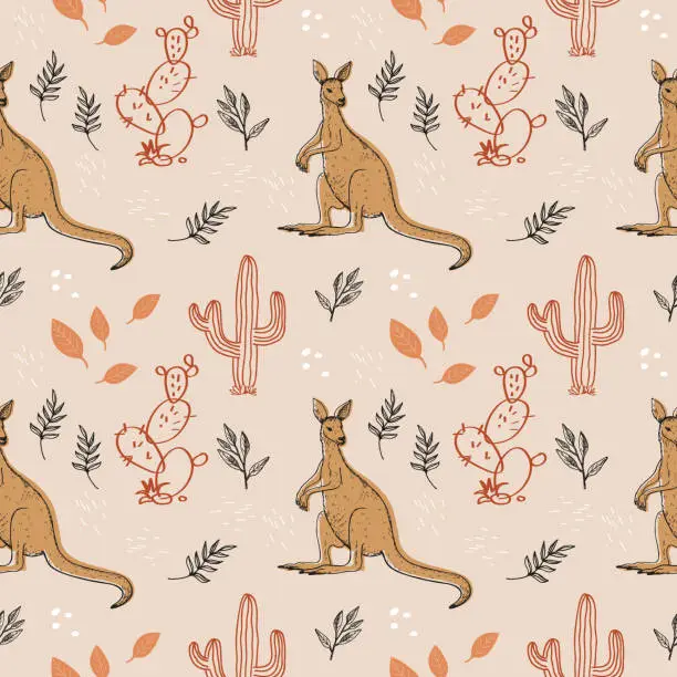 Vector illustration of Kangaroo seamless pattern hand drawn background with animals, cactus, plants flat vector illustration. Boho backdrop for wrapping, design, print, paper, textile, card
