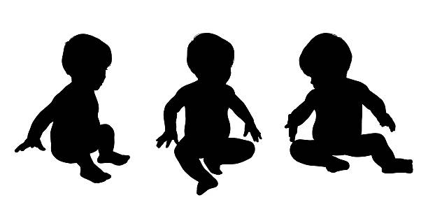 set of three realistic silhouettes of a little baby about 1 year old sitting in different postures