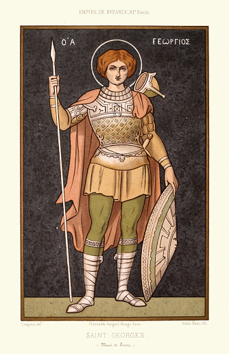 Vintage illustration Saint George, Christianity, History of Art, Byzantine 11th Century, according to tradition, he was a soldier in the Roman army. He was of Cappadocian Greek origin and a member of the Praetorian Guard for Roman emperor Diocletian, but was sentenced to death for refusing to recant his Christian faith.