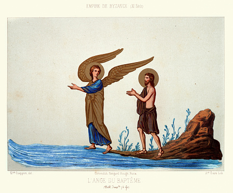 Vintage illustration The Angel of Baptism, Christianity, History of Art, Byzantine 11th Century, L' Ange du Baptême. Empire de Byzance