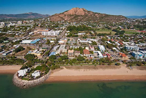 An aerial view of The Strand and Castle Hill in Townsville, north Queensland, Australia