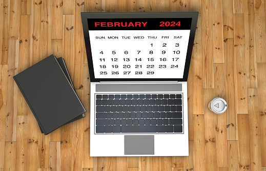 February 2024 calendar on laptop