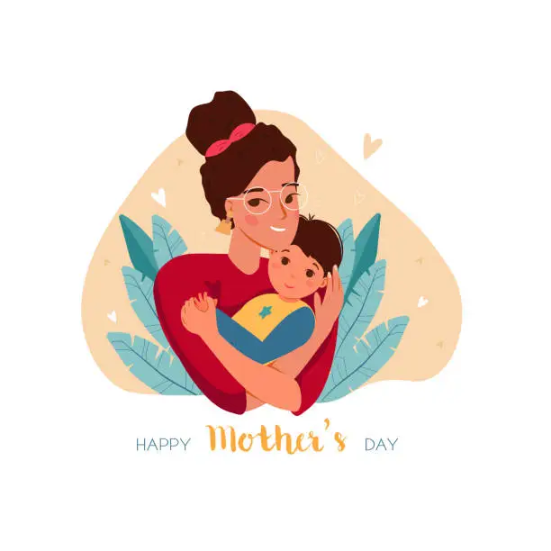 Vector illustration of Happy mother holding baby son in arms on floral background vector illustration. Happy Mother`s Day greeting card. A cute child gives love to her mum on Mother's Day. Mommy looks at her baby with love.