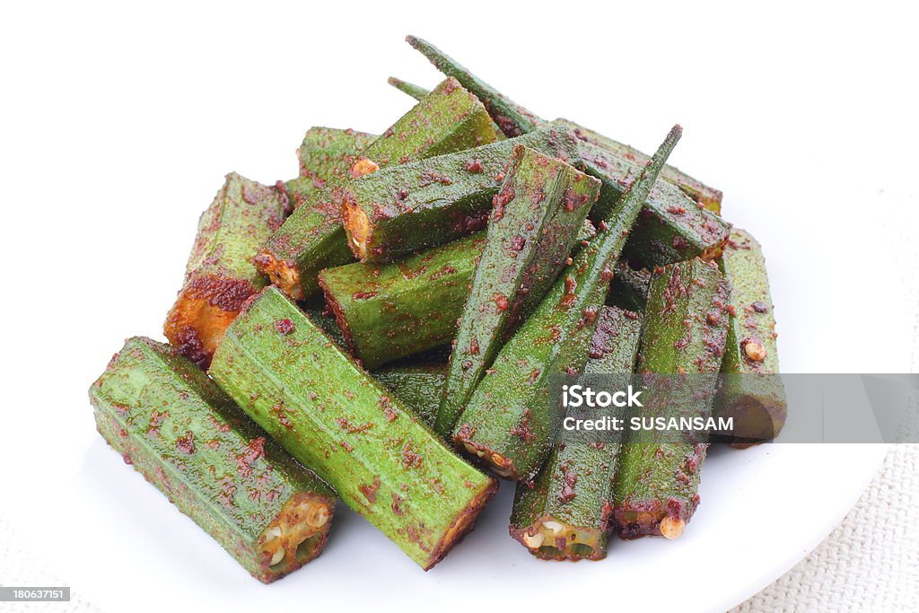 Stir fried okra close up of a plate of stir fried okra . Asia Stock Photo