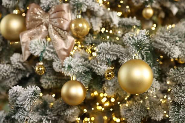 istock Beautiful decorated Christmas tree with baubles and lights as background, closeup 1806376347