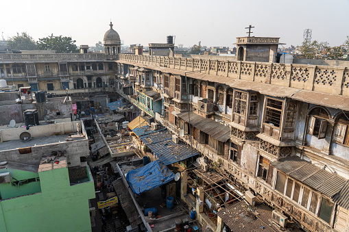 Old Delhi, India - December 4, 2019: The Gadodia market building at the Spice Market at Khari Baoli Road.
