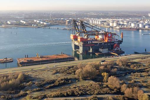 Maasvlakte Rotterdam, The Netherlands - December 14, 2022: aerial view at heavy deepwater construction and crane vessel