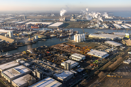 Moerdijk, The Netherlands - December 14, 2022: Aerial view industrial park with harbors and chemical plant