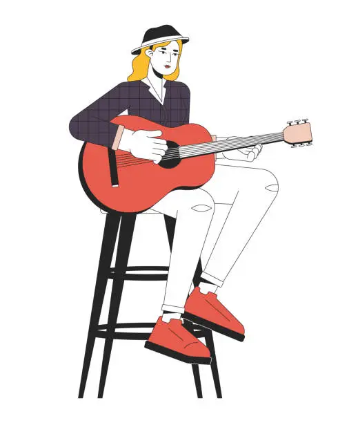 Vector illustration of Female guitarist playing country music line cartoon flat illustration