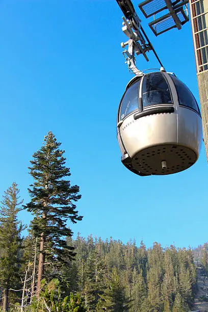 Gondola car overlooking Mammoth Mountain with "mammoth" lettering removed.
