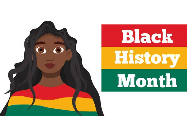 Vector illustration of Black History Month flyer with a black woman and text in national color of the African flag. Vector illustration.