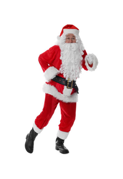 istock Man in Santa Claus costume running on white background 1806438237