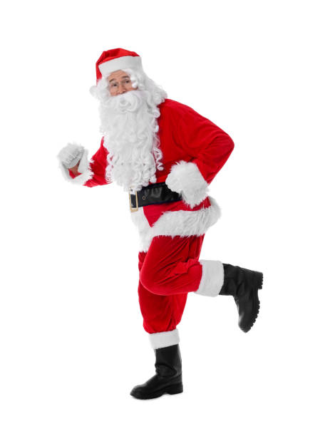 istock Man in Santa Claus costume running on white background 1806438544