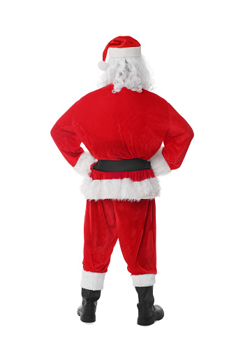 Man in Santa Claus costume posing on white background, back view