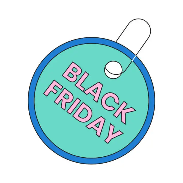 Vector illustration of Black friday round tag 2D linear cartoon marketing sticker