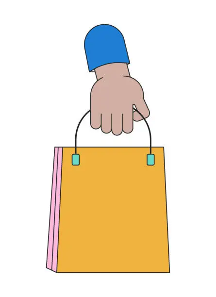 Vector illustration of Holding branded paper bag linear cartoon character hand illustration