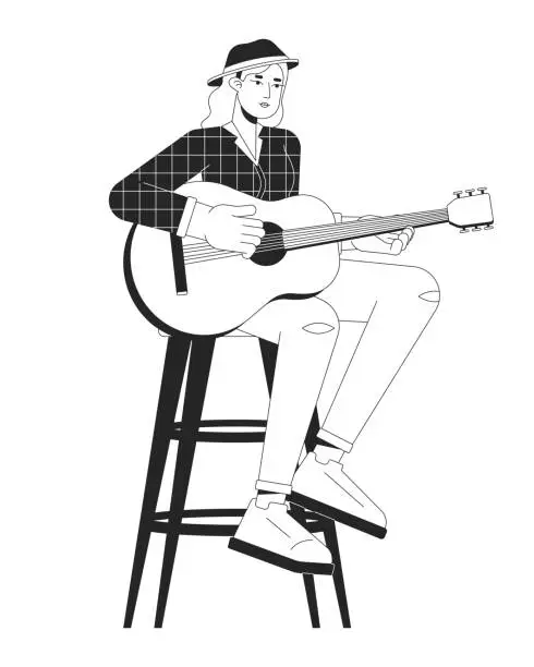 Vector illustration of Female guitarist playing country music black and white cartoon flat illustration