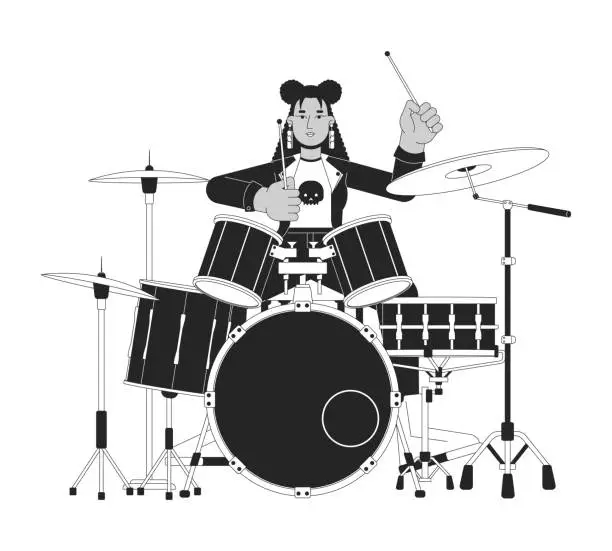 Vector illustration of Female drummer rocker black and white cartoon flat illustration