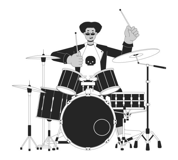 istock Drummer rock and roll black and white cartoon flat illustration 1806441378