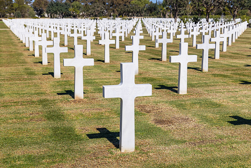 North Africa American Cemetery, Carthage, Tunis, Tunisia. March 8, 2023. Crosses on graves at the North Africa American Cemetery in Carthage.