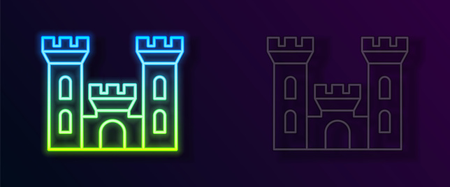 Glowing neon line Castle icon isolated on black background. Medieval fortress with a tower. Protection from enemies. Reliability and defense of the city. Vector